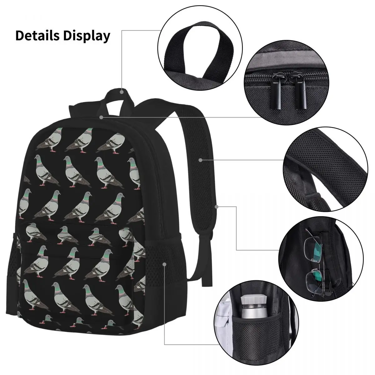 Mochila Pigeon Walk-fundo preto para estudantes, mochilas escolares, mochila dos desenhos animados, lancheira, bolsa de caneta, conjunto de 3 peças, 2020