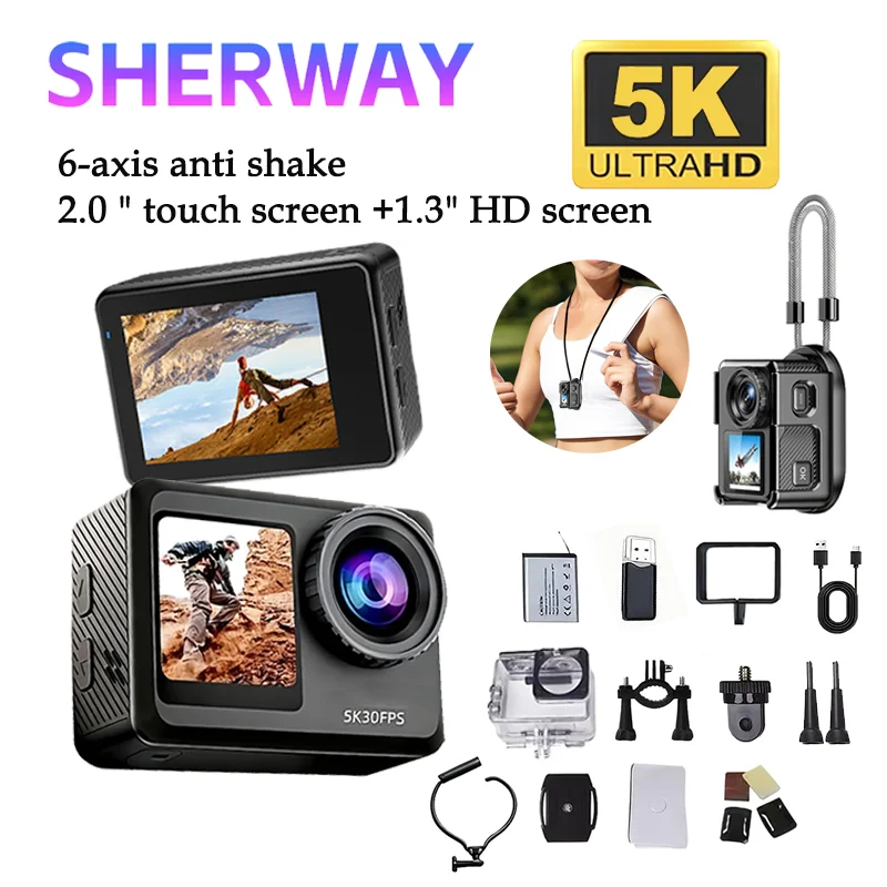 

Экшн-камера 5K с магнитным креплением, 2.0'' сенсорный экран, 1.3'' селфи-камера, 4K60fps, 6-осевой EIS, водонепроницаемая спортивная камера для велоспорта и видеоблогов