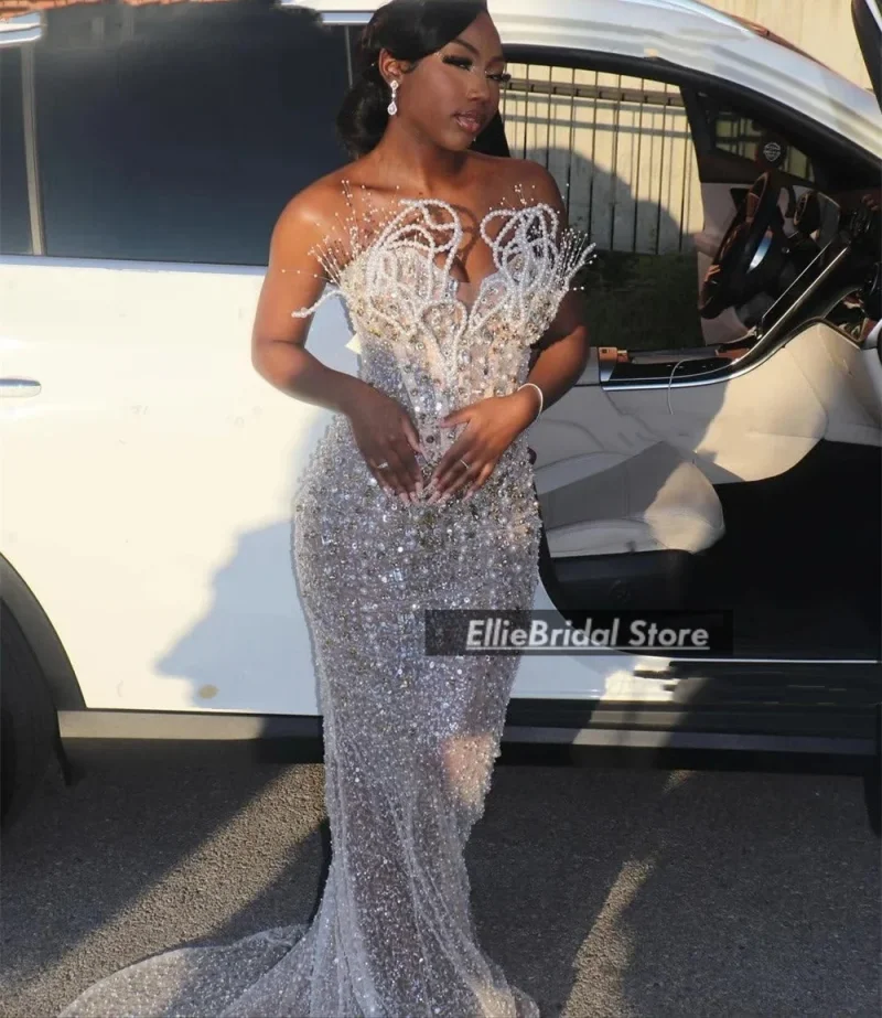 Luxe Parels Prom Dresses 2023 Zwarte Meisjes Feestjurk Sequin Afrikaanse Zeemeermin Avondjurken vestidos de fiesta Aangepaste