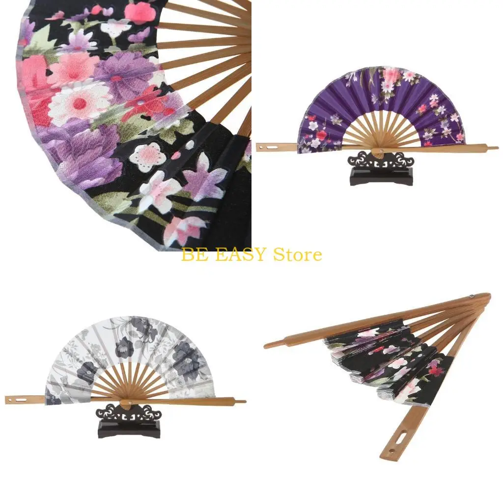 E28F Japanese  Flower Pocket Folding Hand Fan Round Circle Party Decor Gift