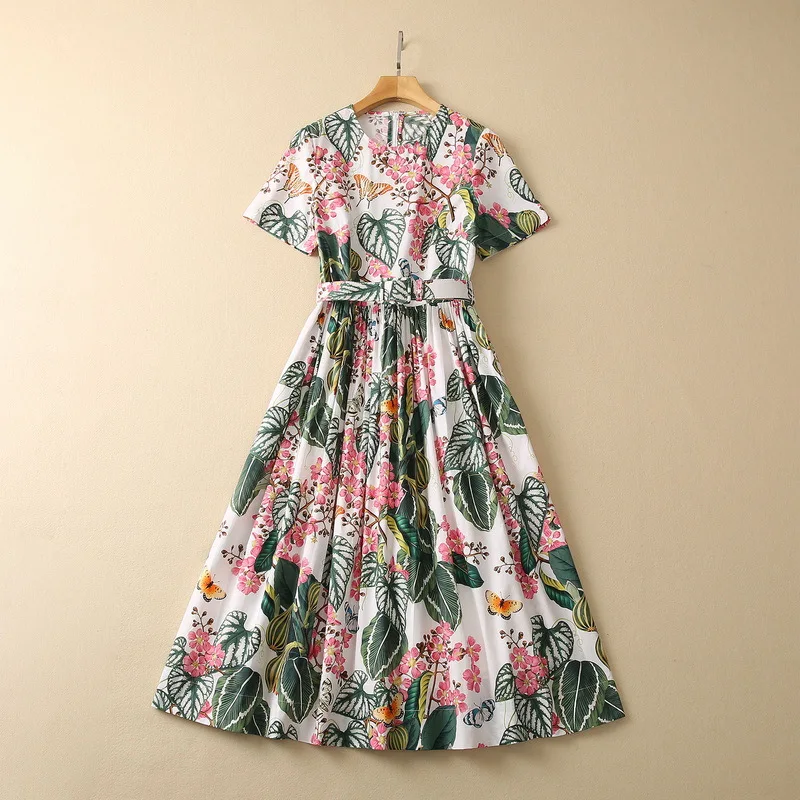

European and American women's clothes 2023 spring new Round neck Short sleeve botanical print Fashion Belt Cotton Dress