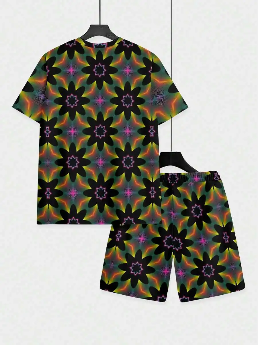 

Mens Summer Two-Piece Set: Short Sleeve Tee And Shorts With Psychedelic Star Pattern On Black Base