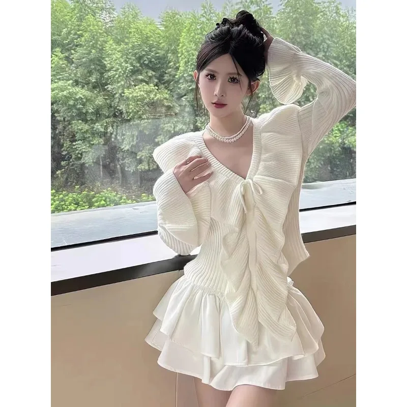 2024 Spring and Autumn New French Gentle Short Horn Sleeve Lotus Leaf Long Sleeve Sweater Top