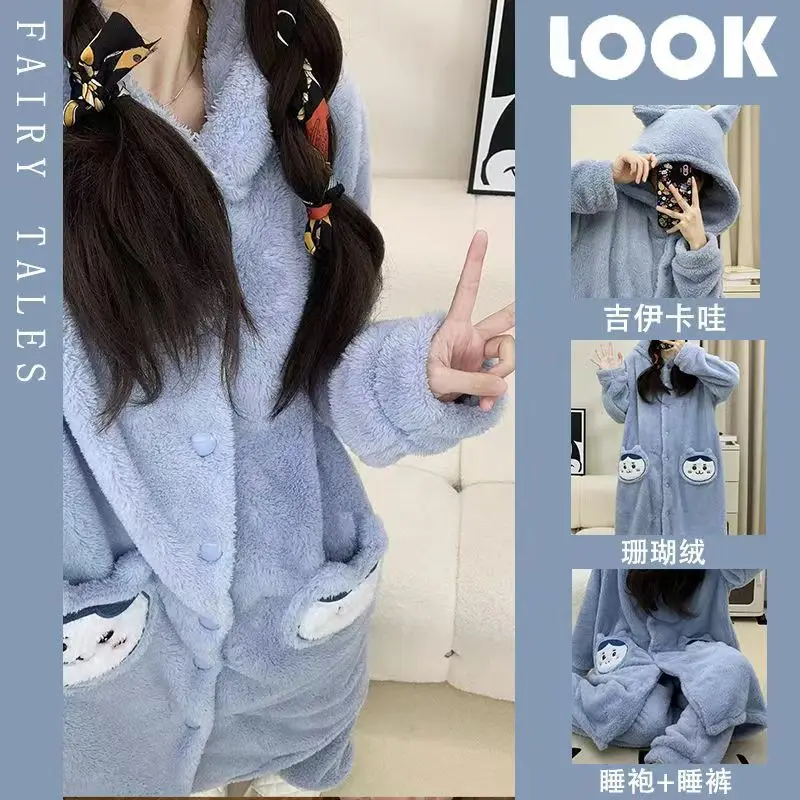 

Милый пижамный комплект Hachiware с капюшоном для девочек, зимняя одежда для сна из кораллового флиса, халат, брюки, домашняя одежда, женский комплект одежды для сна
