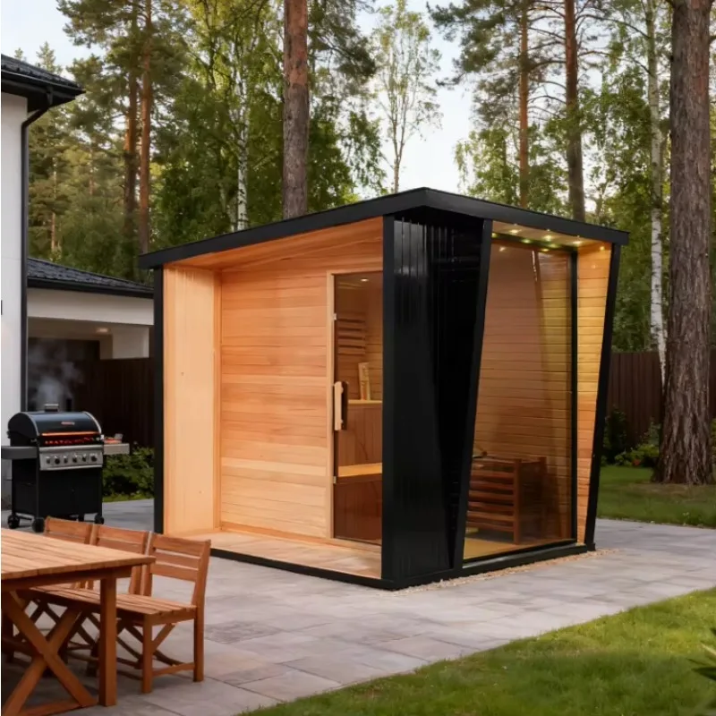 Customized 4-Person Traditional Hemlock Wood Sauna, Outdoor Dry Steam Sauna with Stove and Transom Windows