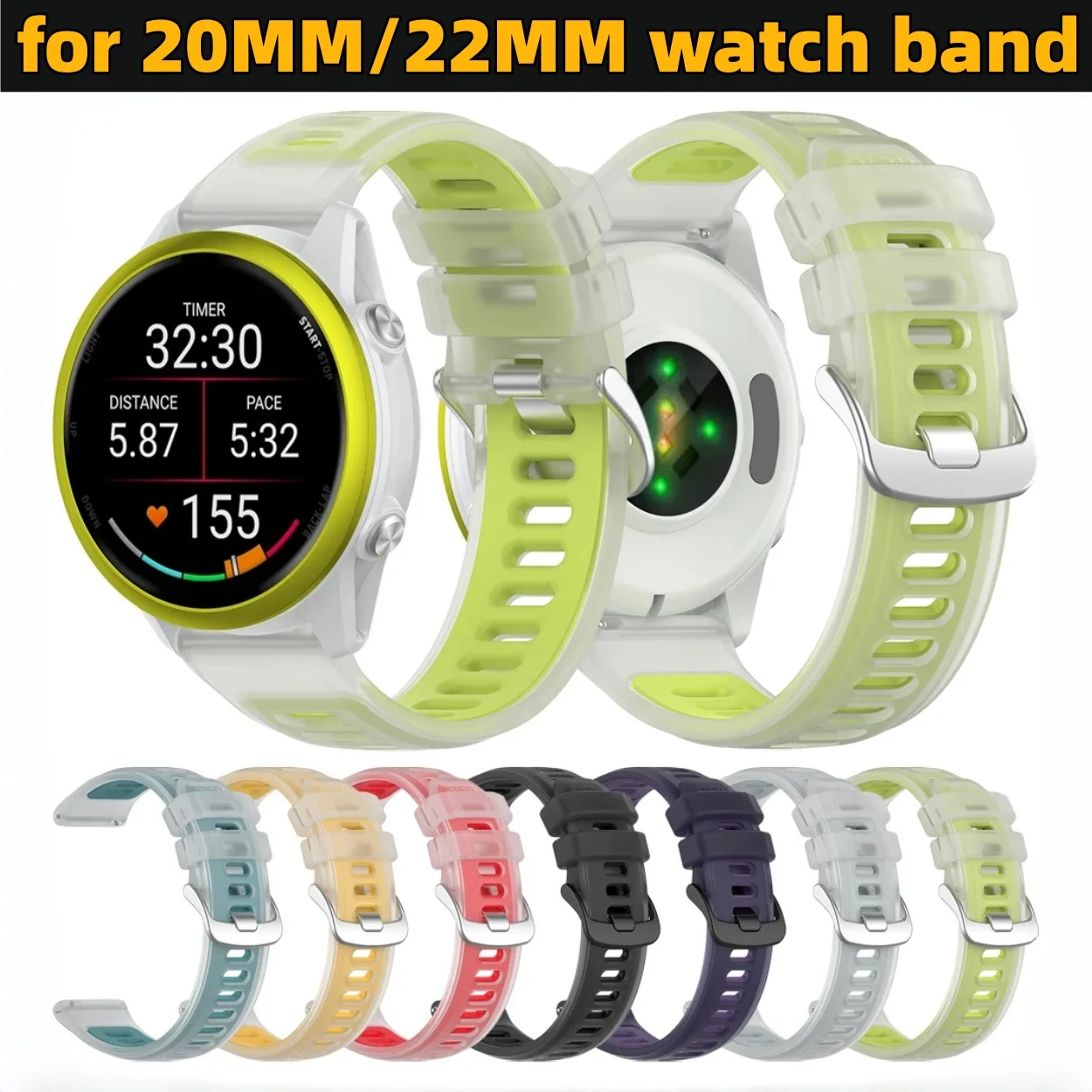 22mm 20mm Transparent Two-Tone Silicone Strap For Garmin Forerunner 570 265 255 165 55/Vivoactive 6 5 4/Venu Sport Band Bracelet