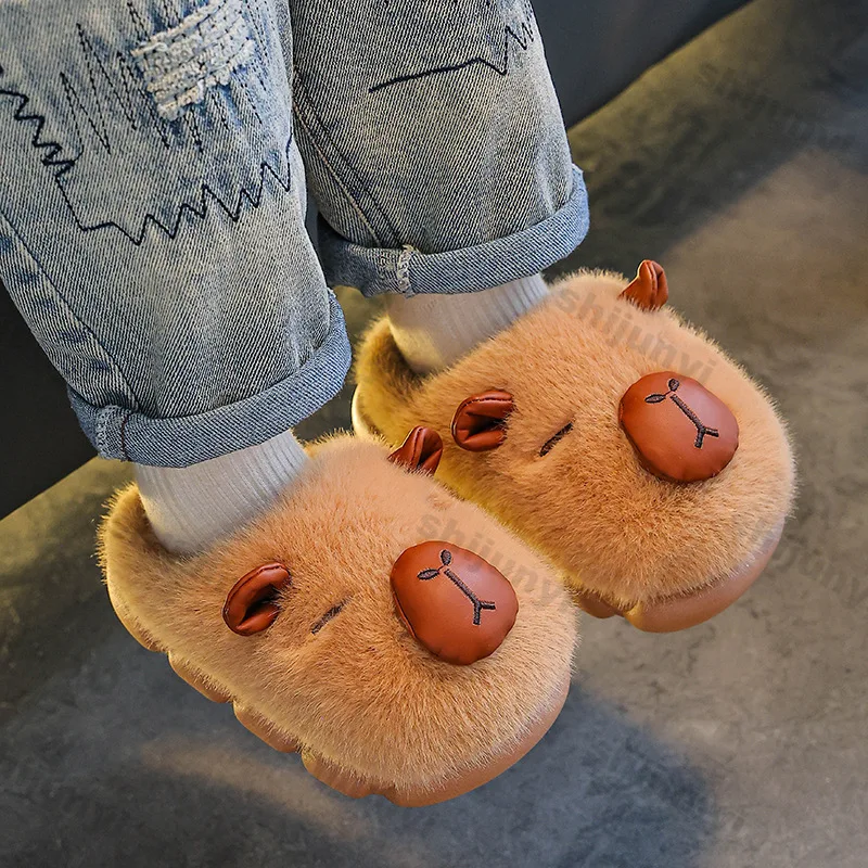 

Детские хлопковые тапочки Capybara, милые зимние модные плюшевые домашние хлопковые туфли, теплая напольная обувь на нескользящей платформе для мальчиков и девочек
