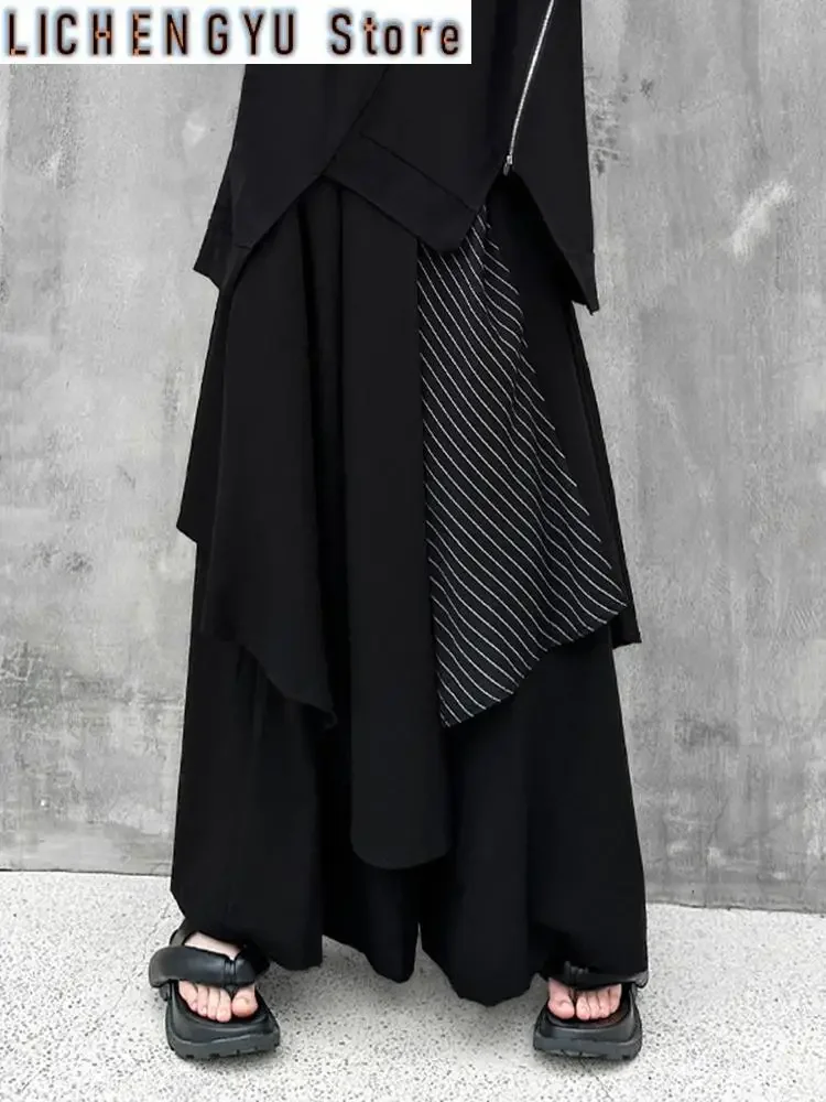 High Elastic Waist Black Striped Irregular Wide Leg Pants New Loose Fit Trousers Women Fashion Spring Autumn