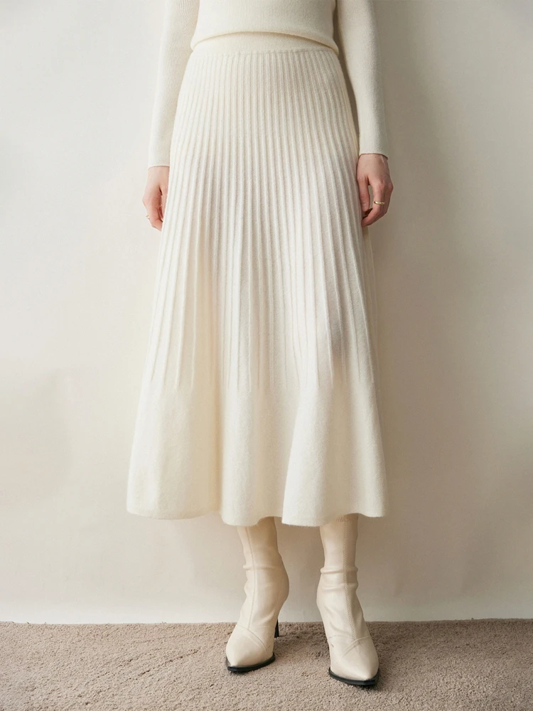 Autumn Winter High Quality Women's A-line Umbrella Skirt Chic Female Grace Soft Simple Style 100% Cashmere Knitted Skirt New