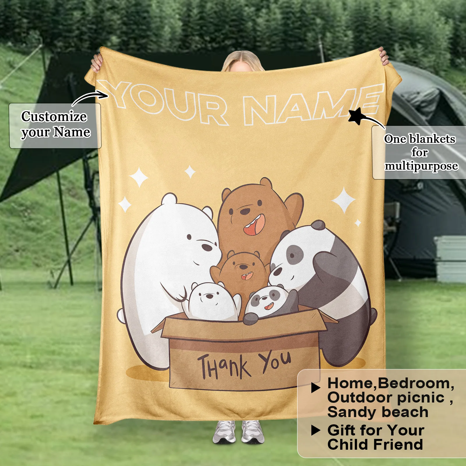 

Customizable Fleece Blanket Personalized Custom Text or Your Name Cartoon Adorable Bear Pattern Gift Blanket for Kids Birthdays