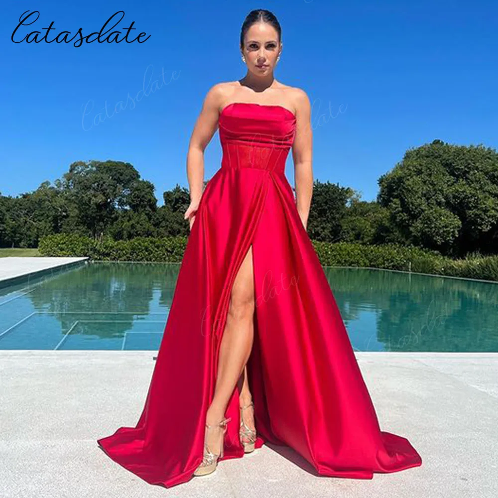 Catasdate Red Evening Dress Strapless Party Dresses for Women Formal Wedding Prom Dress vestidos de noche