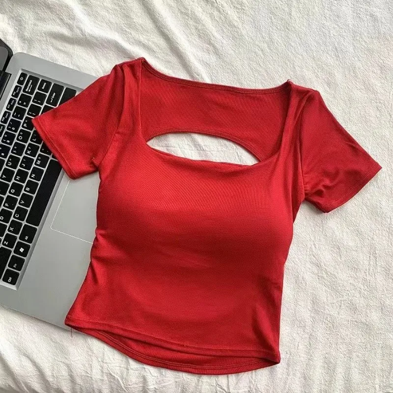 5pc Women's Square Neck Backless Crop Top, Short Sleeve with Built-in Bra for Summer & Daily Streetwear