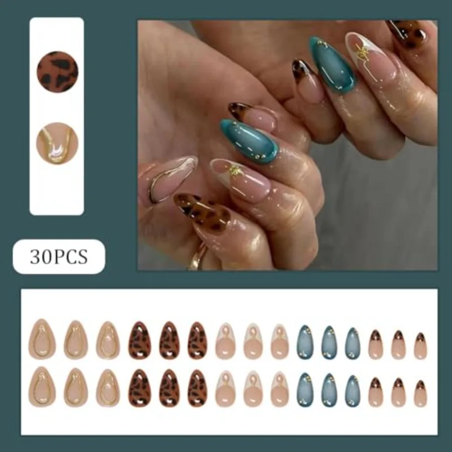 Retro Style Leopard Manicure Fake Nails for Women Medium Length Acrylic Press On Nails in Almond Shape 30Pcs Stick On Nails wit