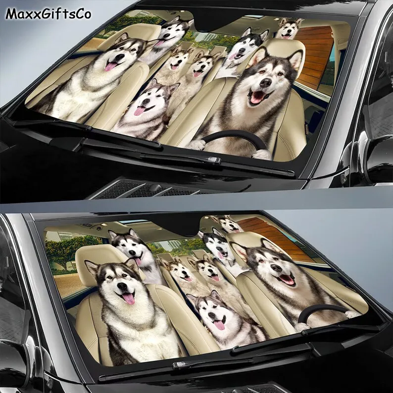 Alaskan Malamute Car Sun Shade, Alaskan Malamute Windshield, Dogs Family Sunshade, Dogs Car Accessories, Car Decoration, Gift Fo