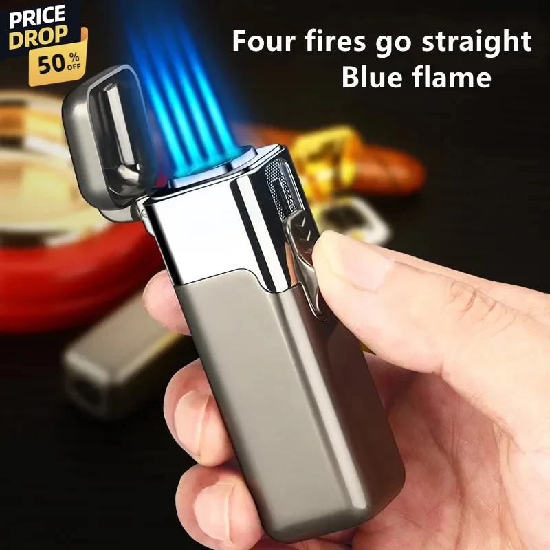 Creative Strong Firepower Butane Gas Lighter Turbo 4 Torch Blue Flame High Pressure Jet Straight Cycle Cigar Lighter Men\'s Gift