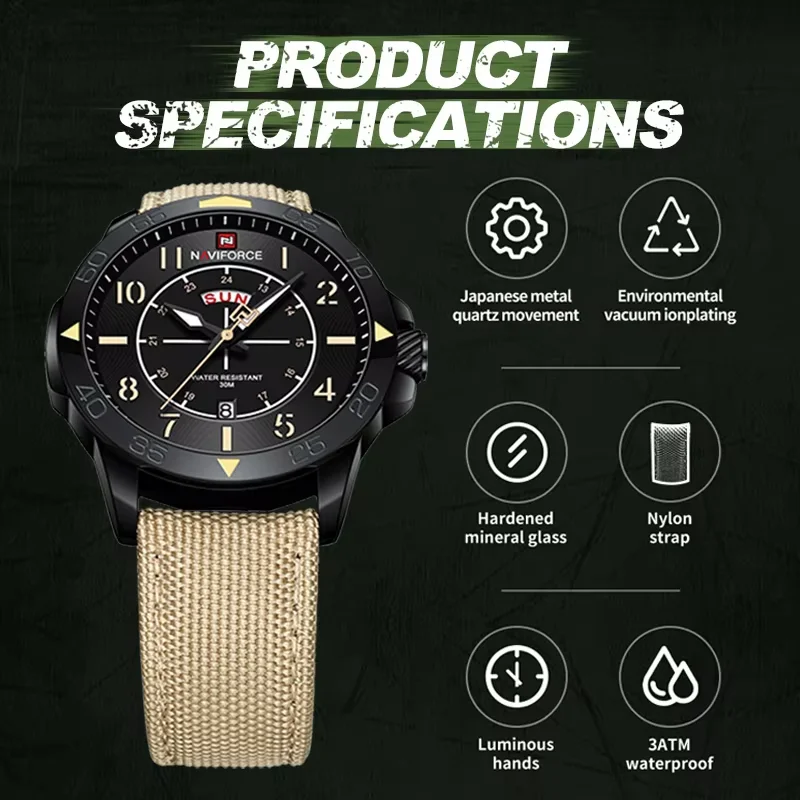 NAVIFORCE Trend Man Creative Quartz Day and Date Display Watches Men Nylon Band 3ATM Waterproof Business Wristwatch Reloj Hombre