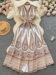 Women Vintage Party Dress Summer Short Sleeve V-neck Elegant Printing Dresses Ladies Fashion Sleeveless Slim A-line Long Robe