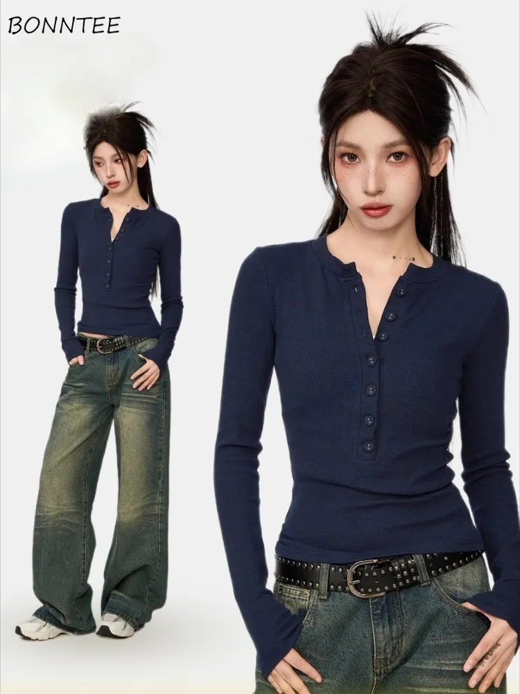 

Long Sleeve T-shirts Women Stylish Design Button American Retro Slimming Soft Basic College Leisure Simple All-match Streetwear