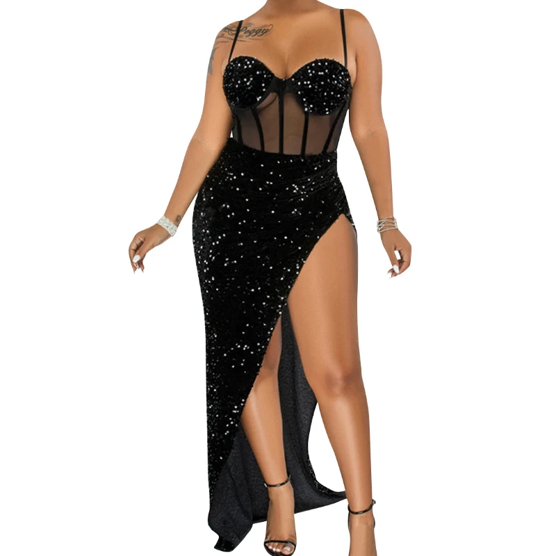 Sukienki damskie Sukienki do podłogi Vestidos Cekiny Nieregularność Bez pleców Bez rękawów Chusta V Neck Hip Wrap Wysoka talia Slim Fit