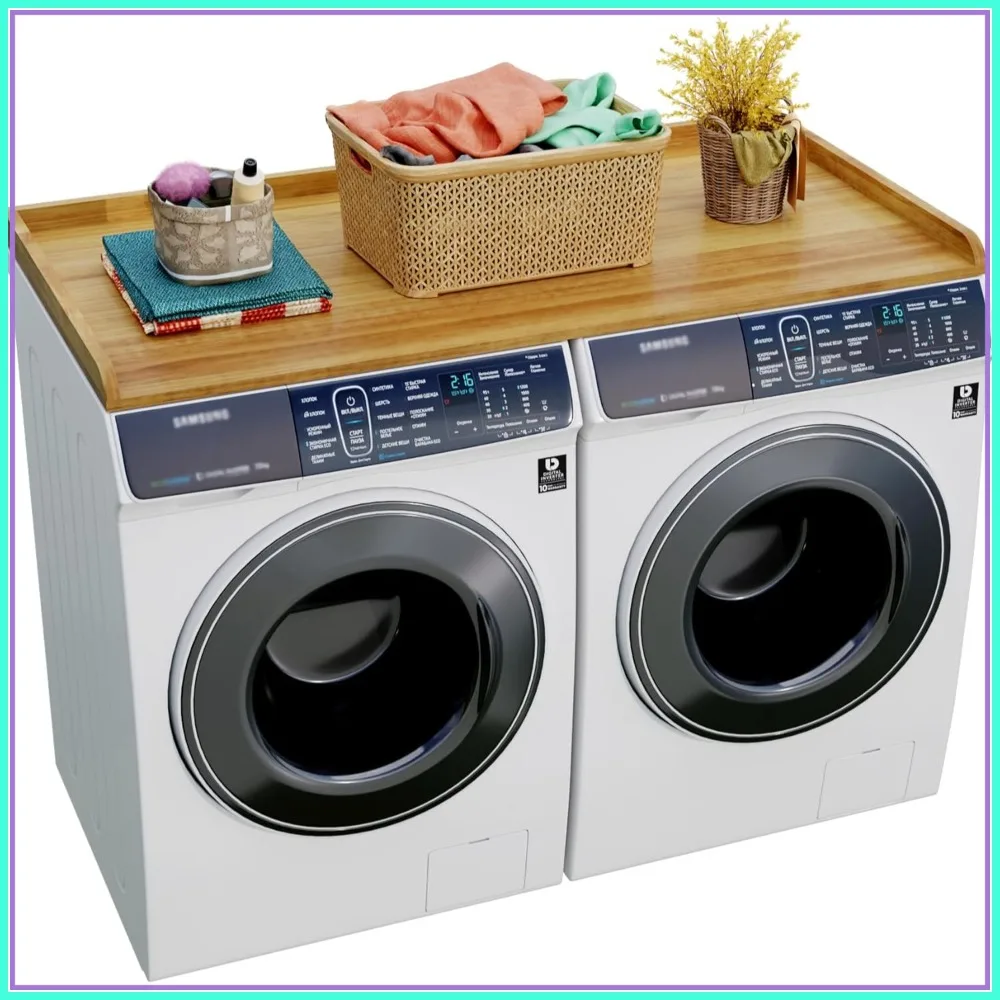 

Solid Wood Washer Dryer Countertop with Edge Rails for Laundry Room Storage