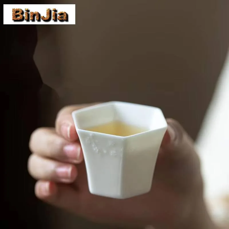 2Pc/Set Dehua Sheep Fat Jade White Porcelain Teacup Handmade Relief Bamboo Hexagonal Cup Small Tasting Tea Bowl Kungfu Set 45Ml