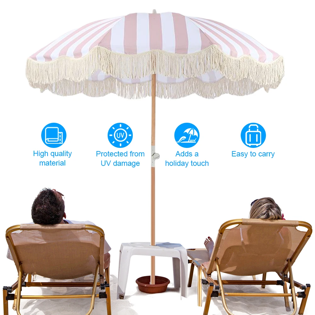 Striped Outdoor Sunshade Umbrella with Fringe Sun Shelter with Tilt Pole for Balcony Terrace Swimming Pool Beach Garden
