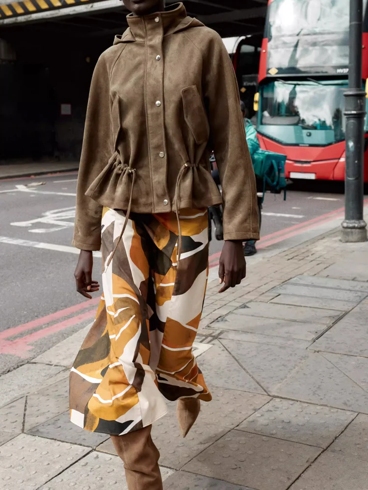 

European and American style autumn new fashion trend women's clothing stand collar faux suede effect hooded jacket coat