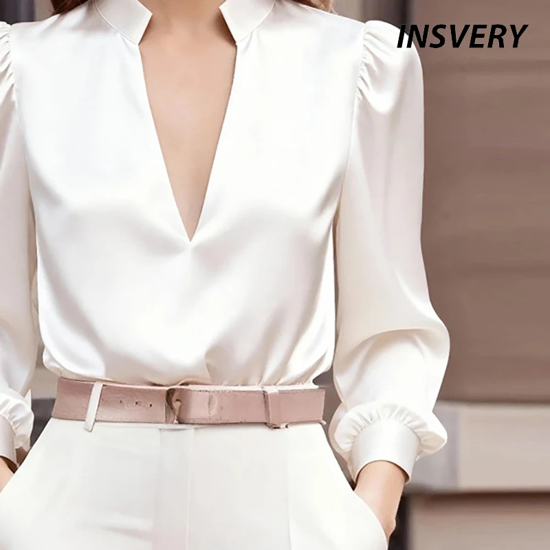 올 매치 V넥 긴팔 새틴 셔츠 및 블라우스 여성 패션 실크 셔츠 여성용 우아한 퍼프 셔츠 오피스 레이디 탑스