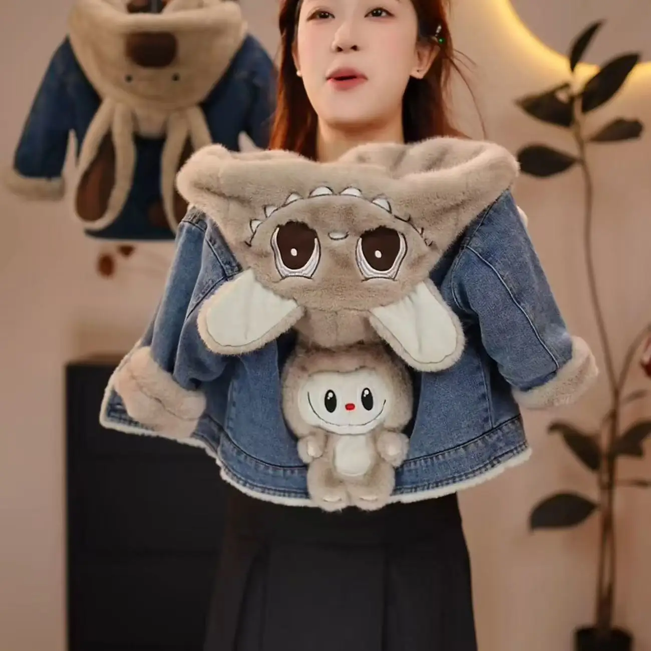 

Детская джинсовая куртка Thiened Fce, осенне-зимняя новинка, стильный топ с капюшоном, хлопковая одежда для девочек, теплая верхняя одежда