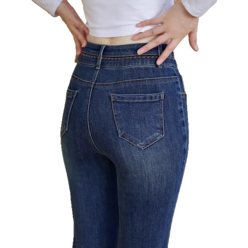 جينز أزرق من الدنيم للنساء والشتاء، سروال أنيق كاجوال بطول الأرض بأرجل مستقيمة #5