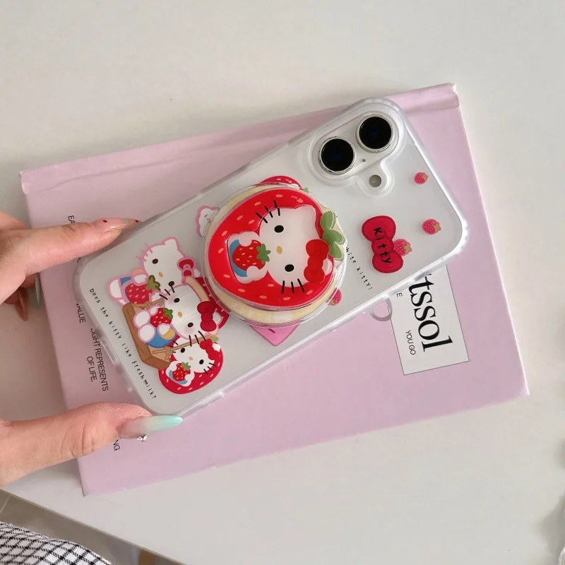 Dolce fragola Carino Hello Kitty Bow KT Magsafe Custodia per telefono con ricarica wireless per iPhone 13 14 15 16 Pro Max Kitty Supporto magnetico