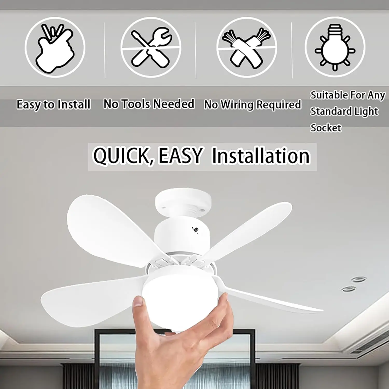 Socket Ceiling Fan Lights with Remote Quiet Ceiling Fans Dimmable 3 Color E27 Socket Fan with Light for Bedroom Garage Kitchen