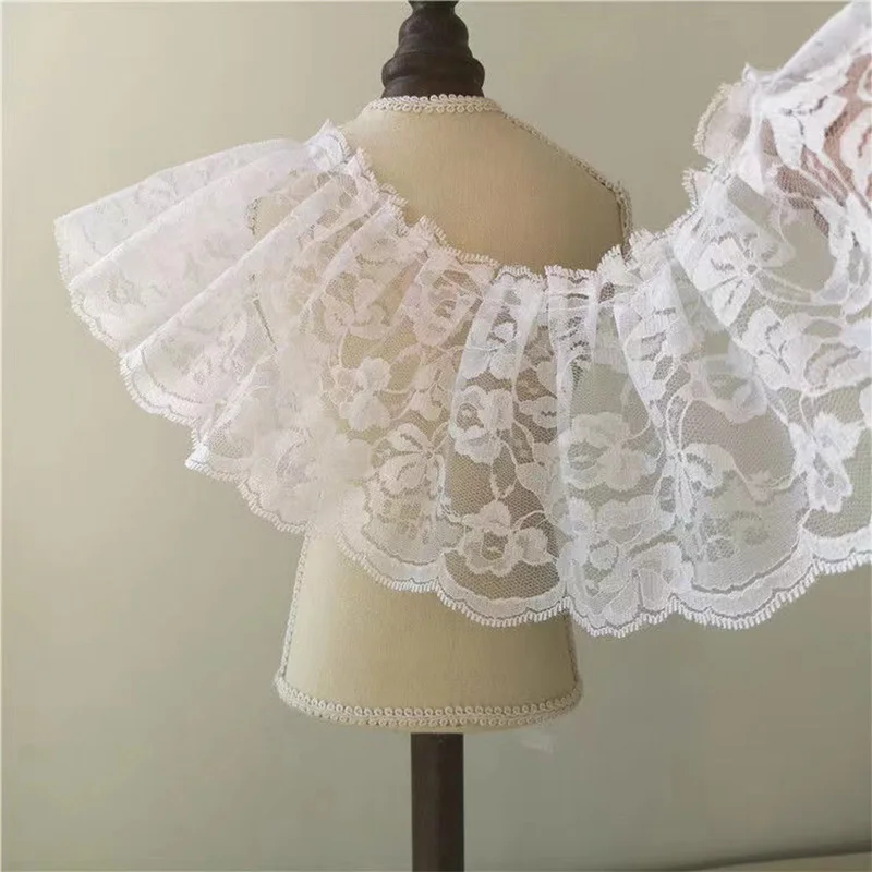 12CM Wide HOT Double Layer Embroidery White Flower Lace Fabric Trim Ribbon DIY Sewing Mesh Applique Collar Dubai Wedding Decor