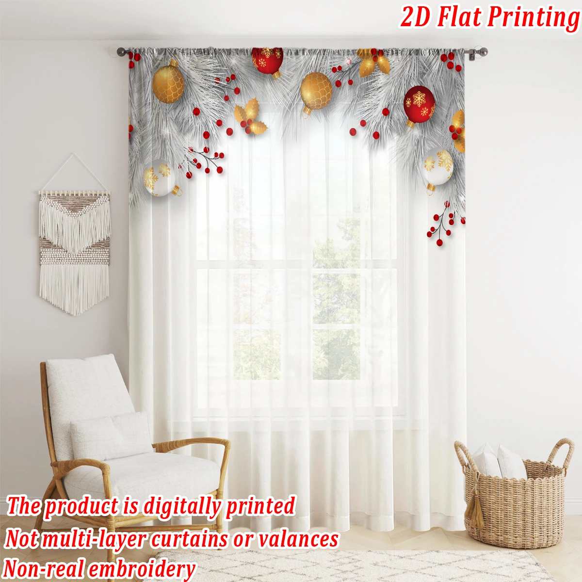 Christmas Flat Printing Sheer Curtain with Christmas Ball Berry Pine Branch for Living Room Bedroom Decor Holiday Party