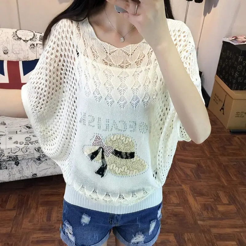 Hollow Out Knit T-shirt for Women's Spring and Summer Korean Version Women's Loose Fit Oversized Medium Sleeved Bat Shirt