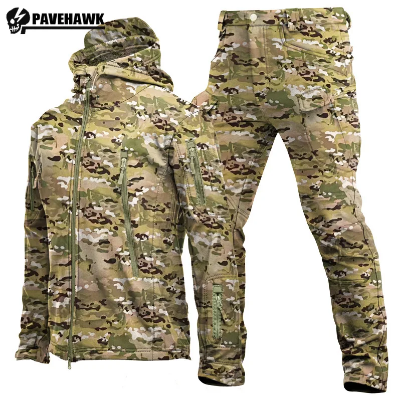 Windproof Warm Camouflage 2-Pcs Set Mens Tactical Waterproof Thickened Training Uniforms Hiking Camping Outdoor Hunting Suit