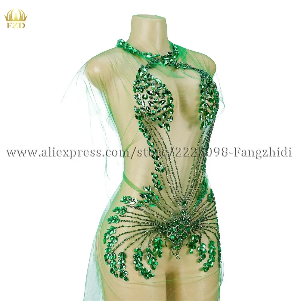 FZD 1 PCS Green Diamond Mesh Birthday Dress Women Sexy Rhinestone Party Dress Translucent Mini Club Dress Appliques for Clothing