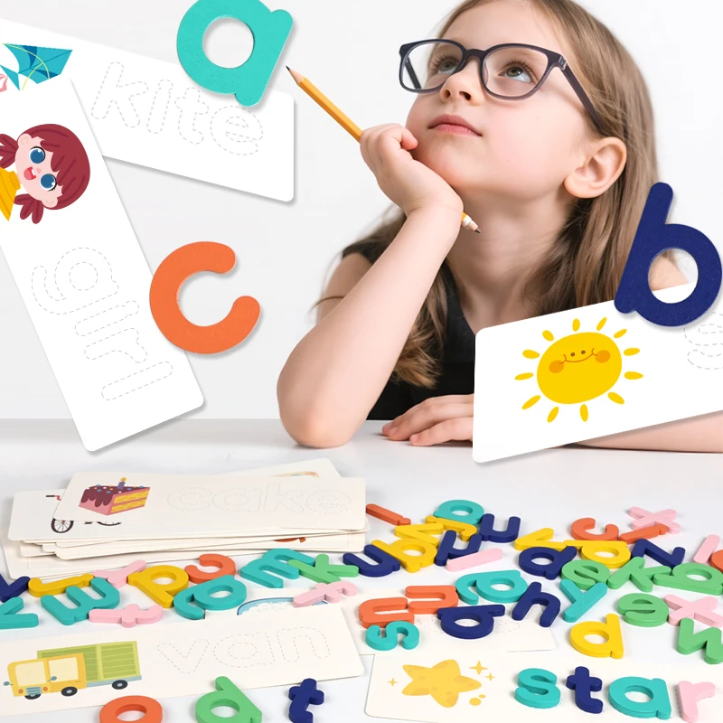 Quebra-cabeça de alfabeto de madeira montessori-brinquedo de aprendizagem de letras e números para crianças jogo de treinamento de pensamento lógico educacional de palavras em inglês