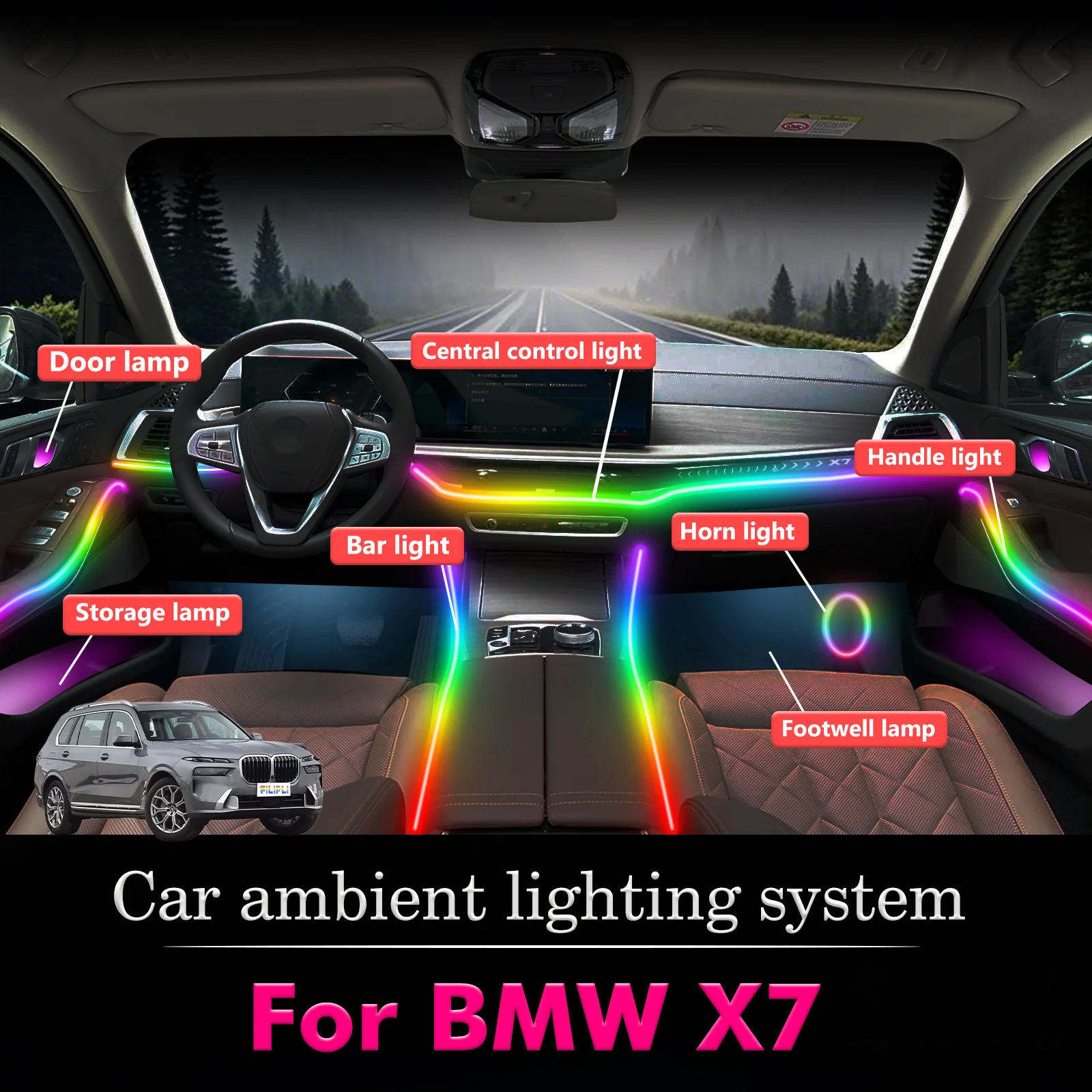 

For BMW X7 Car Interior Decorative Ambient Light RGB 64-Color LED Smart Remote Control Energy Saving Efficient Set