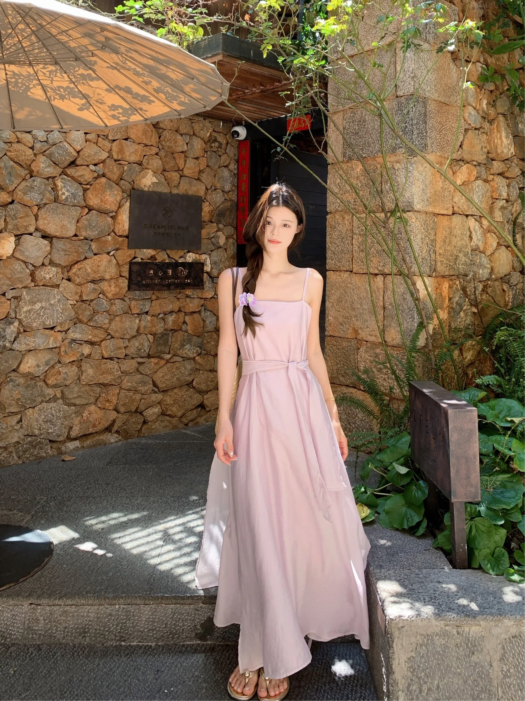 

Gentle Vacation Style Women's A-Line Dress Summer New Waist-Cinching Long Gown Korean Style High Waist Sleeveless Loose Fit