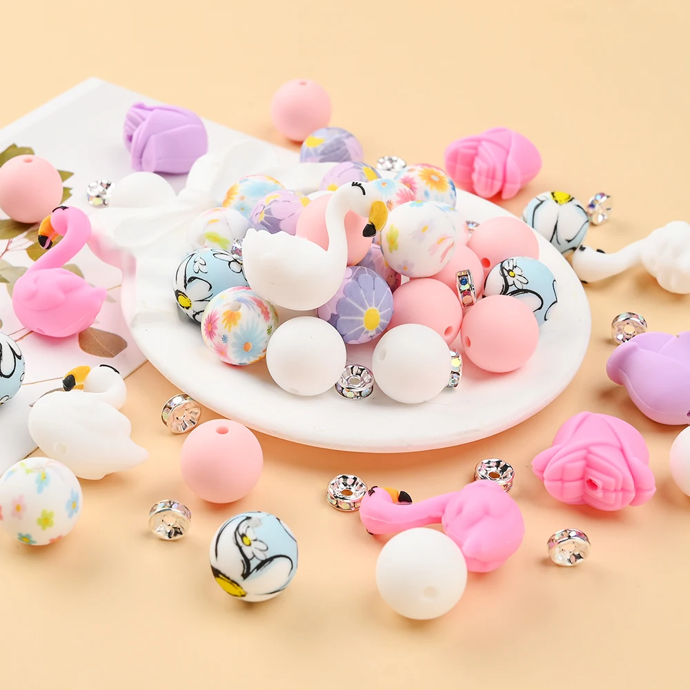 44Pcs Swan Silicone Beads Set Food Grade Silicone Focus Beads Material For Making Baby Pacifier Chains Bracelets And Necklaces