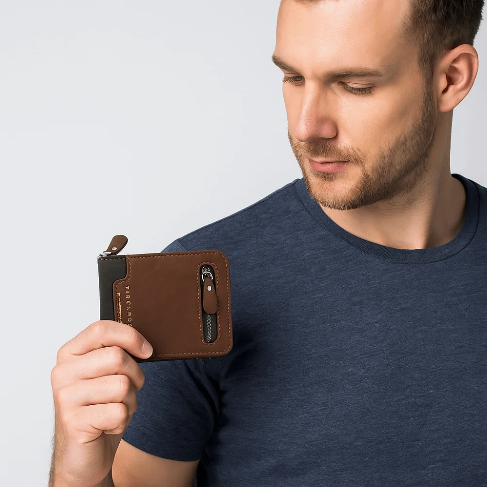 กระเป๋าสตางค์ผู้ชายแบบย้อนยุคหลายช่องใส่บัตร ความจุมาก หนัง PU บาง ใส่เหรียญ มีซิป ใช้ได้ทุกวัน