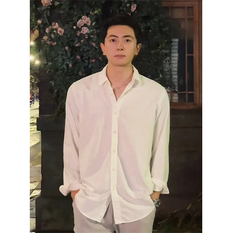 

White Long Sve Men's irt Summer Thin Ice Silk Drapey Dr irt Premium Feel Suit Innerwear Loose Fit Youth Trend