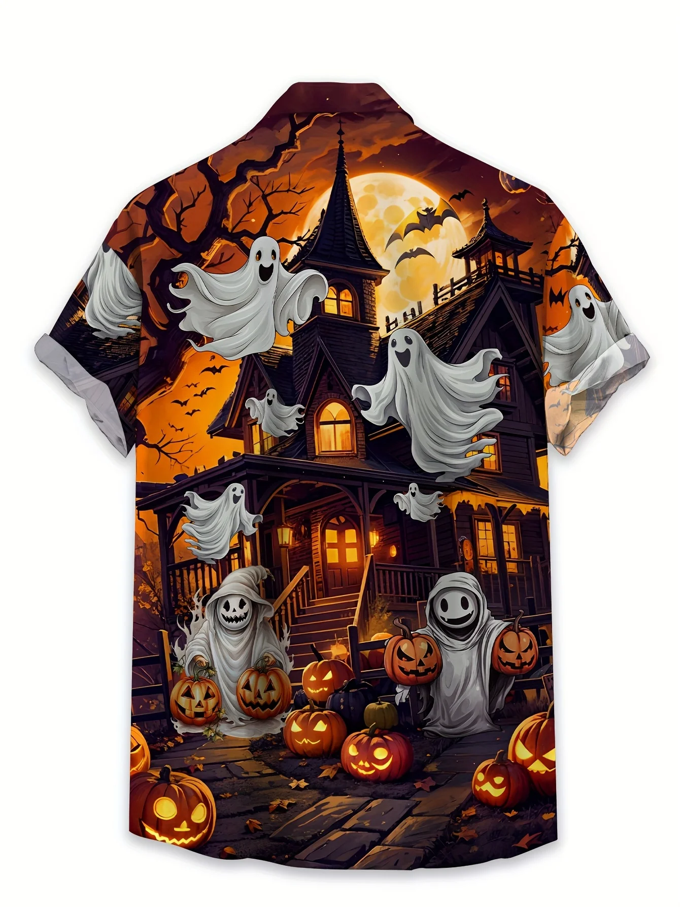 Men Halloween Haunted House Ghost Pumpkin Print Short Sleeve Shirt Lapel Collar Party Casual Tops