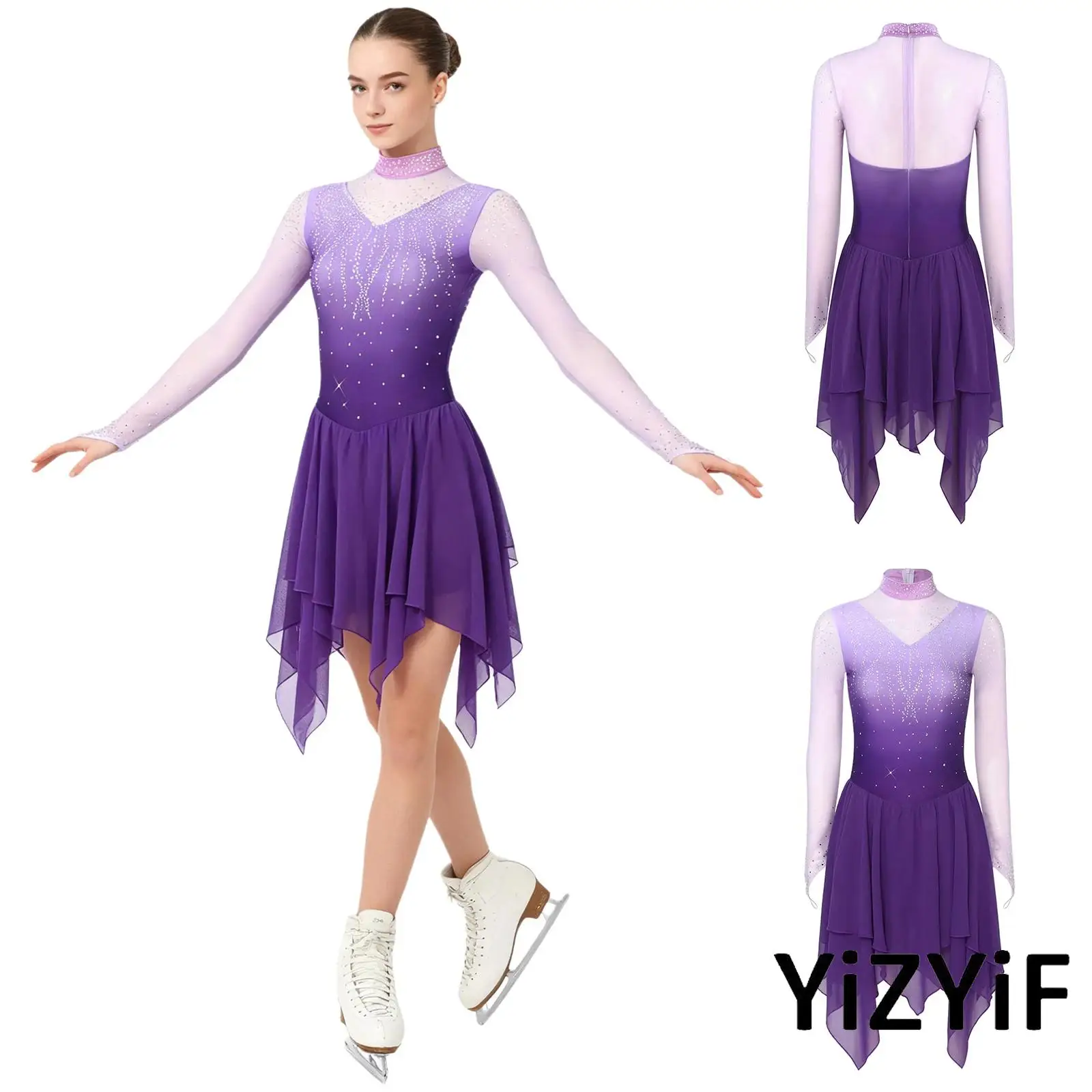 

Rhinestone Modern Dance Bodysuit Dress for Women Long Sleeve Tiered Irregular Hem Dress for Lyrical Ballerina Dance Clothing