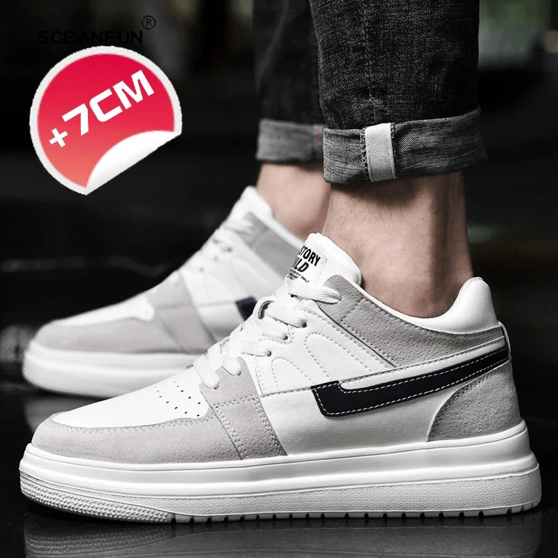 New men trendy leather sneakers elevator shoes invisible heightening genuine leather 7cm MEN'S casual fashion tennis sneakers