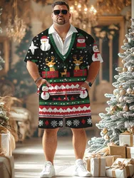 Biggmans Christmas Plus Size Snowman Print Outfits Male Party Club Black Loose Two Piece Set Man Casual Pockets Elk Shorts Suit