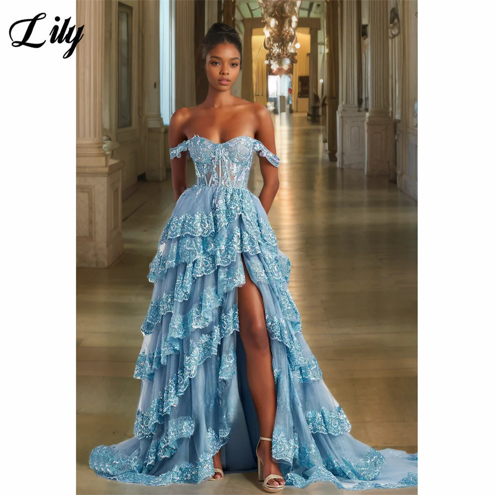 

Lily Light Blue Evening Dresses Off the Shoulder Side Slit Party Dresses with Sequin-Lace Overlay and Tiered Tulle Customized