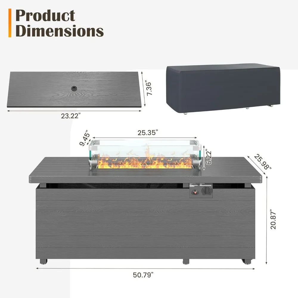 Sundale 50 Inch Outdoor Fire Pit Table, 50,000BTU Rectangle Propane Fire Pit with Glass Wind Guard, Rain Cover, Removable