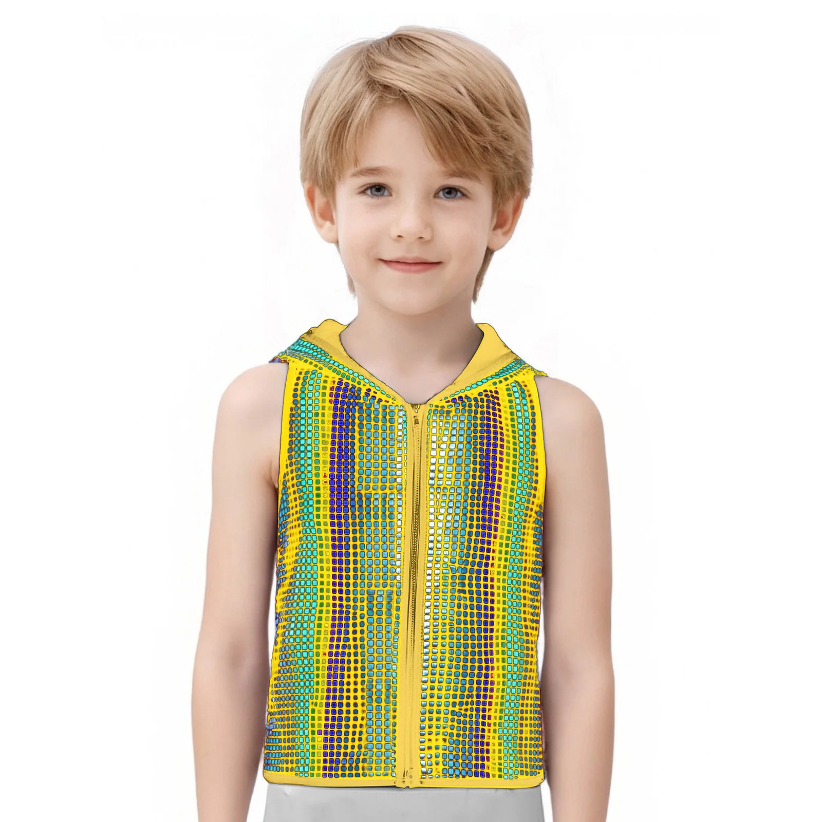 

Kids Metallic Shiny Plaid Hip Hop Jazz Dance Hooded Vest Sleeveless Racer-Back Zipper Waistcoats School Show Party Streetwear